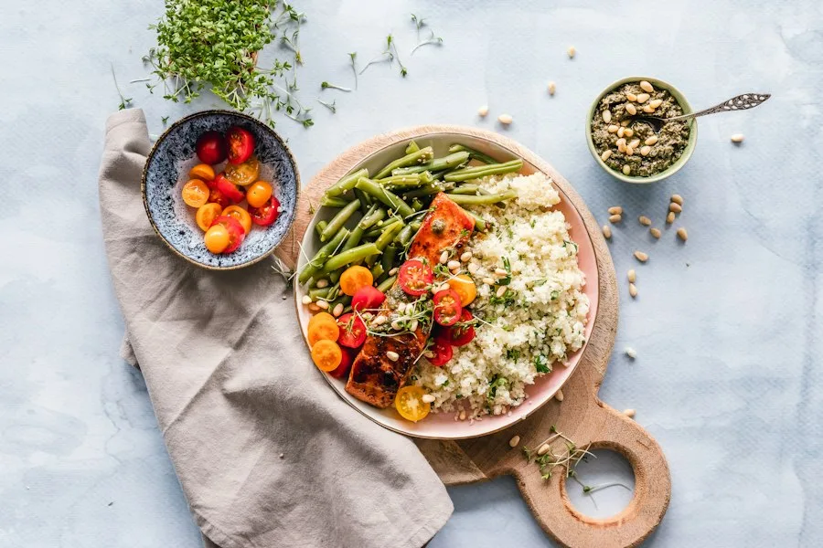 Freshly prepared food with greens, grains and roasted ingredients